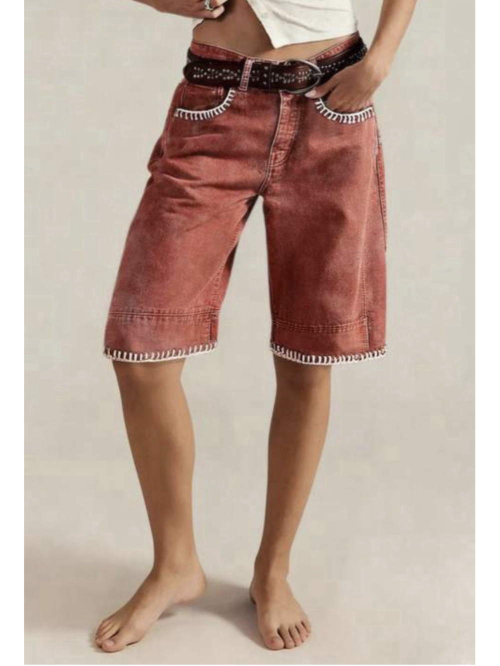 Flamingals Stitch Detail Mid Waist Bermuda Shorts Without Belt 2XL
